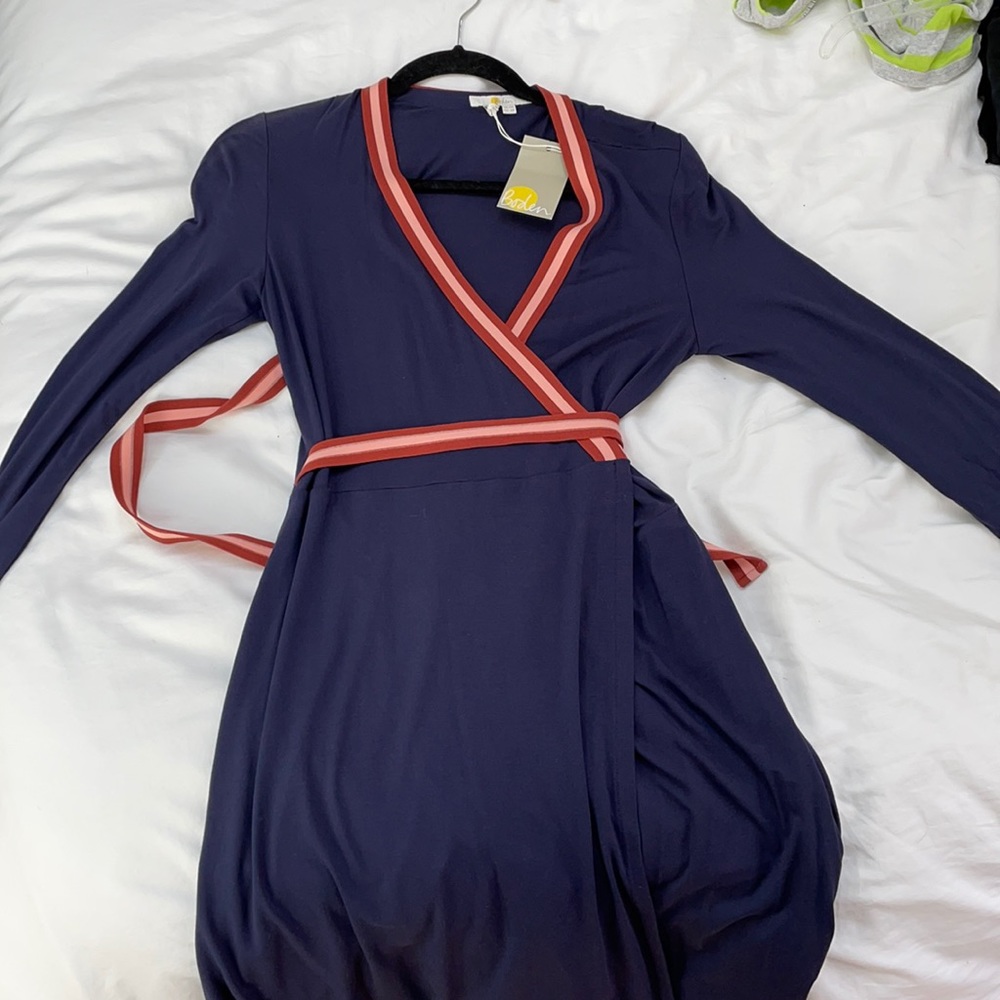Boden Navy Wrap Dress with Coral Trim